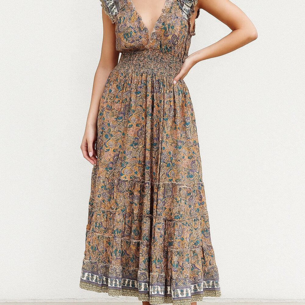 Zury Paisley Silk Blend Smocked Waisted Tiered Maxi Dress
